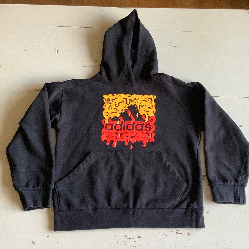 Kids Adidas yellow red melting dripping logo Black Hoodie Sweatshirt 14 16